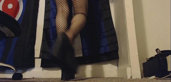  Hairy Goth Up Close and Personally Fingers and Rubs Her Pussy in Heels and Fishnet Stockings